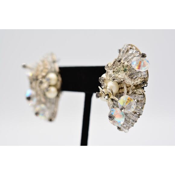 Vintage Clip Earrings Rhinestone Crystal AB Cluster Pearl Chunky 1980s BinAK - Picture 2 of 12